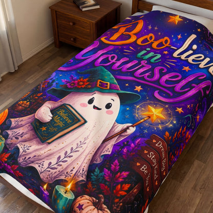 Boo-lieve in Yourself Velveteen Blanket - Ghost with Star Wand and Believe in Magic Book Dream Big Sign