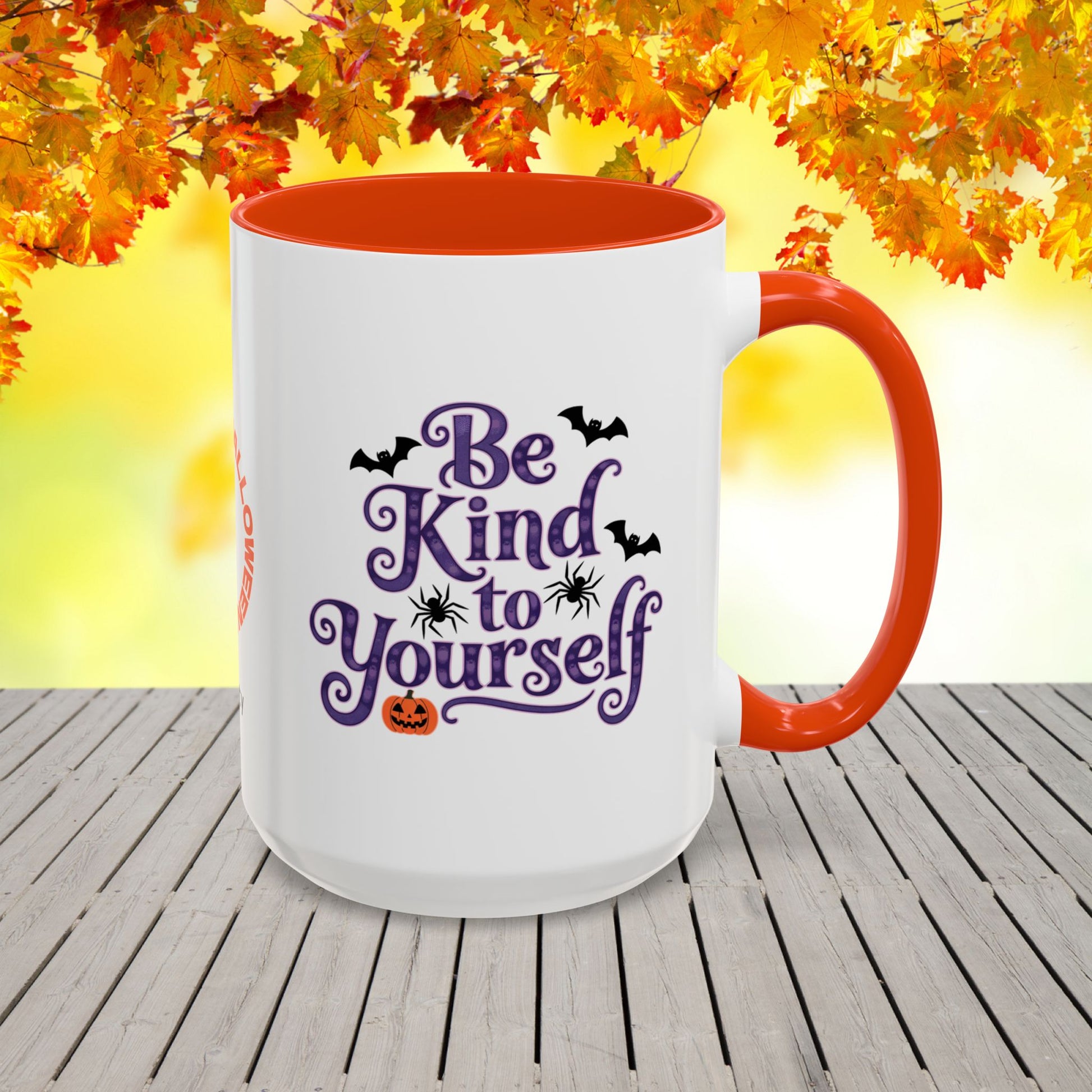 Be Kind To Yourself Halloween Mug -custom name coffee cup with uplifting fall message