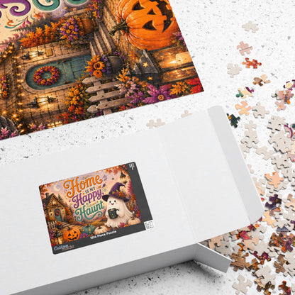 Home Is My Happy Haunt Halloween Puzzle - Witch Hat Ghost with Haunted House Mug and Fall Cottage