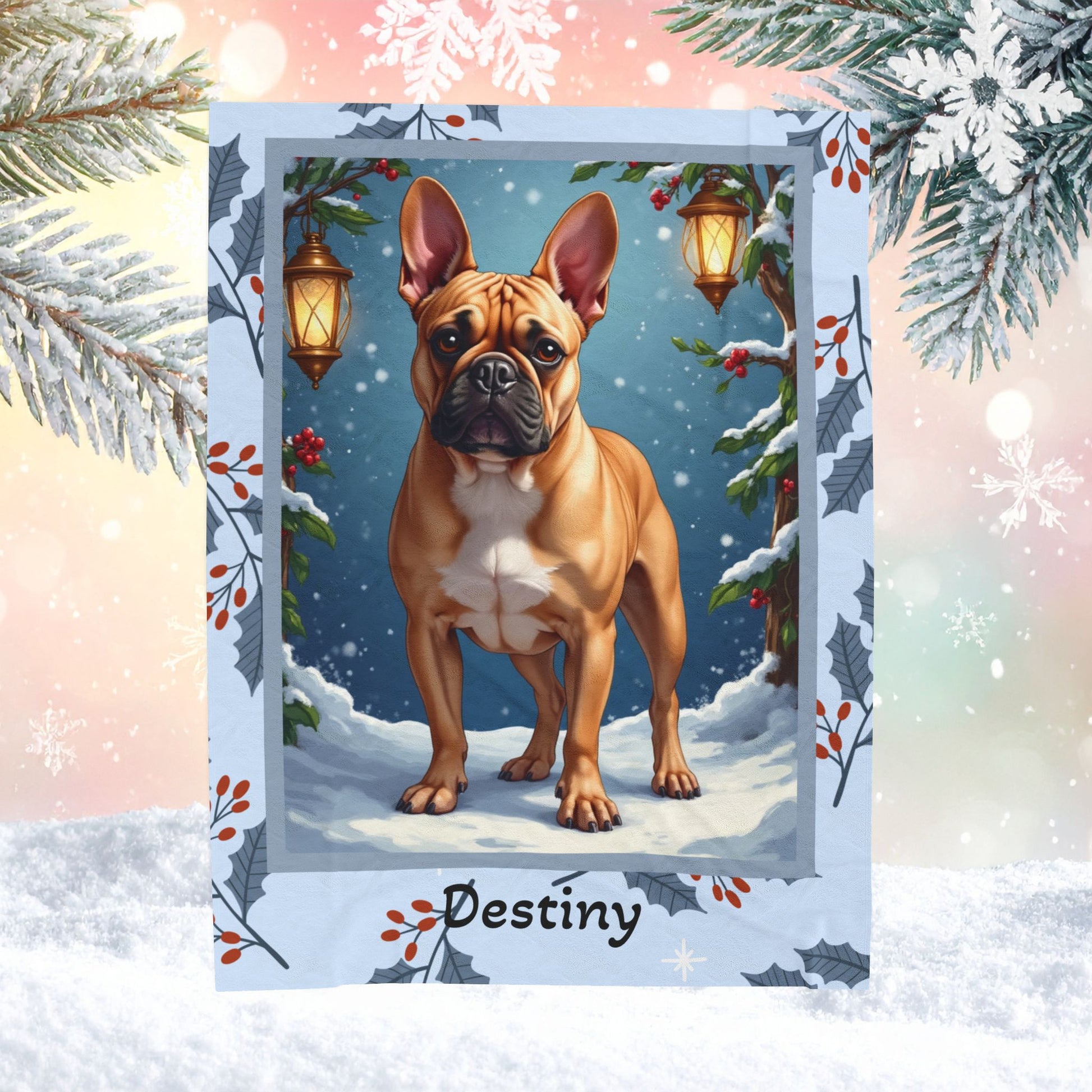 French Bulldog Fawn custom winter blanket showing a French Bulldog in a cheerful illustrated winter lodge setting