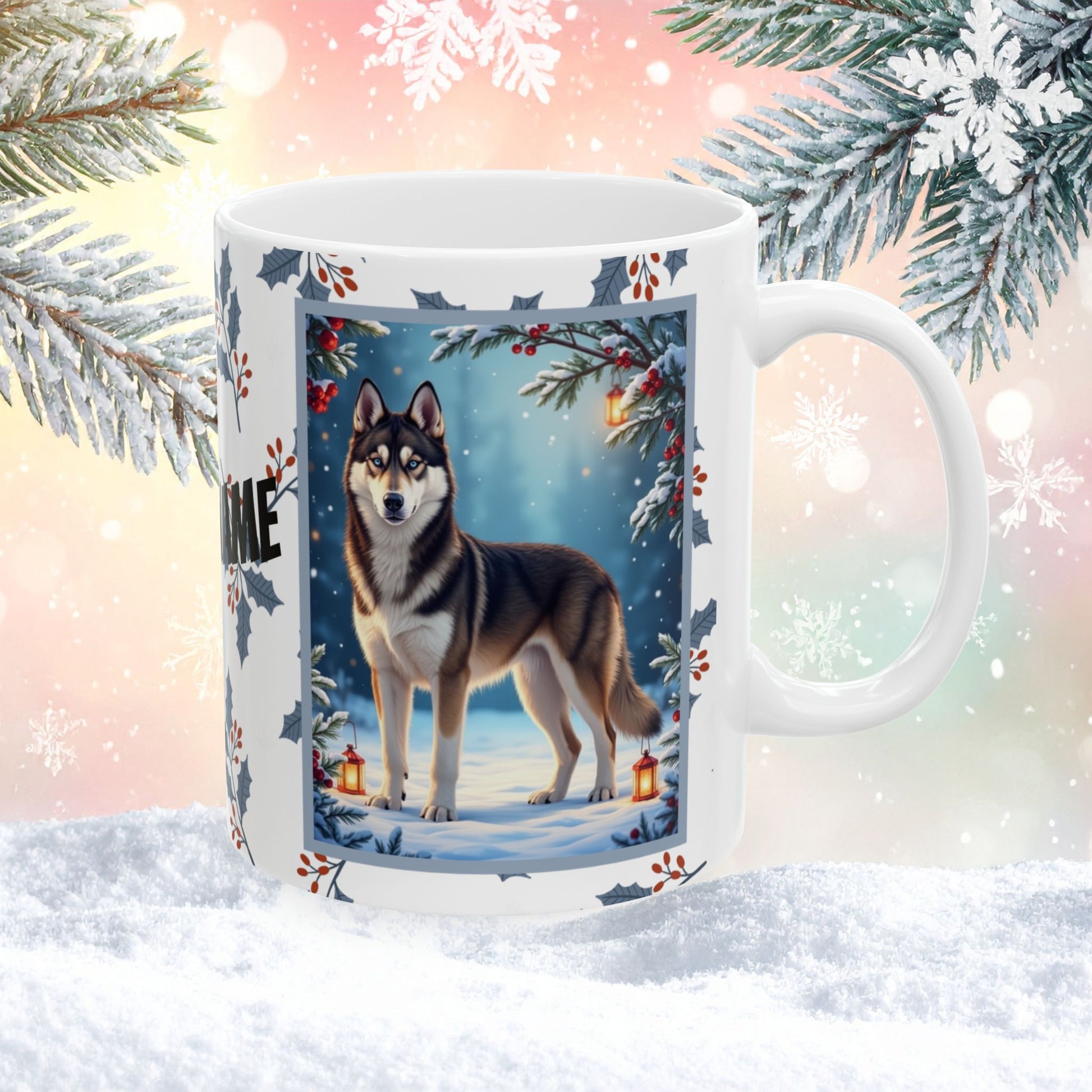 Husky (Agoutti & White) Winter Mug - agouti and white husky illustrated standing in a winter scene with snow and pine trees