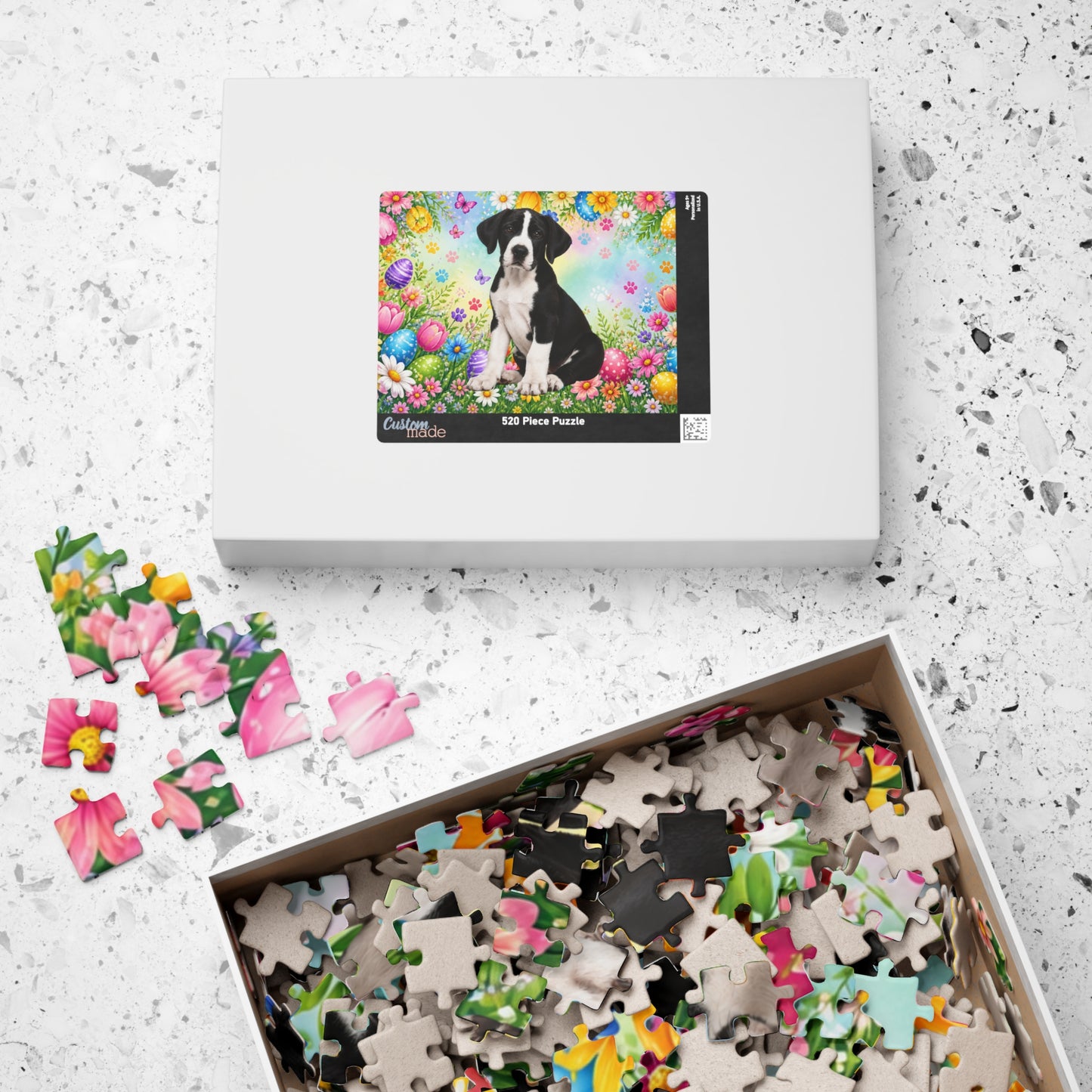 Great Dane (Mantle) Easter Puppy Puzzle - Spring Garden with Eggs, Tulips, and Daisies