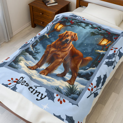 Golden Retriever Dark Golden custom winter blanket showing a loyal retriever in a bright illustrated lodge scene