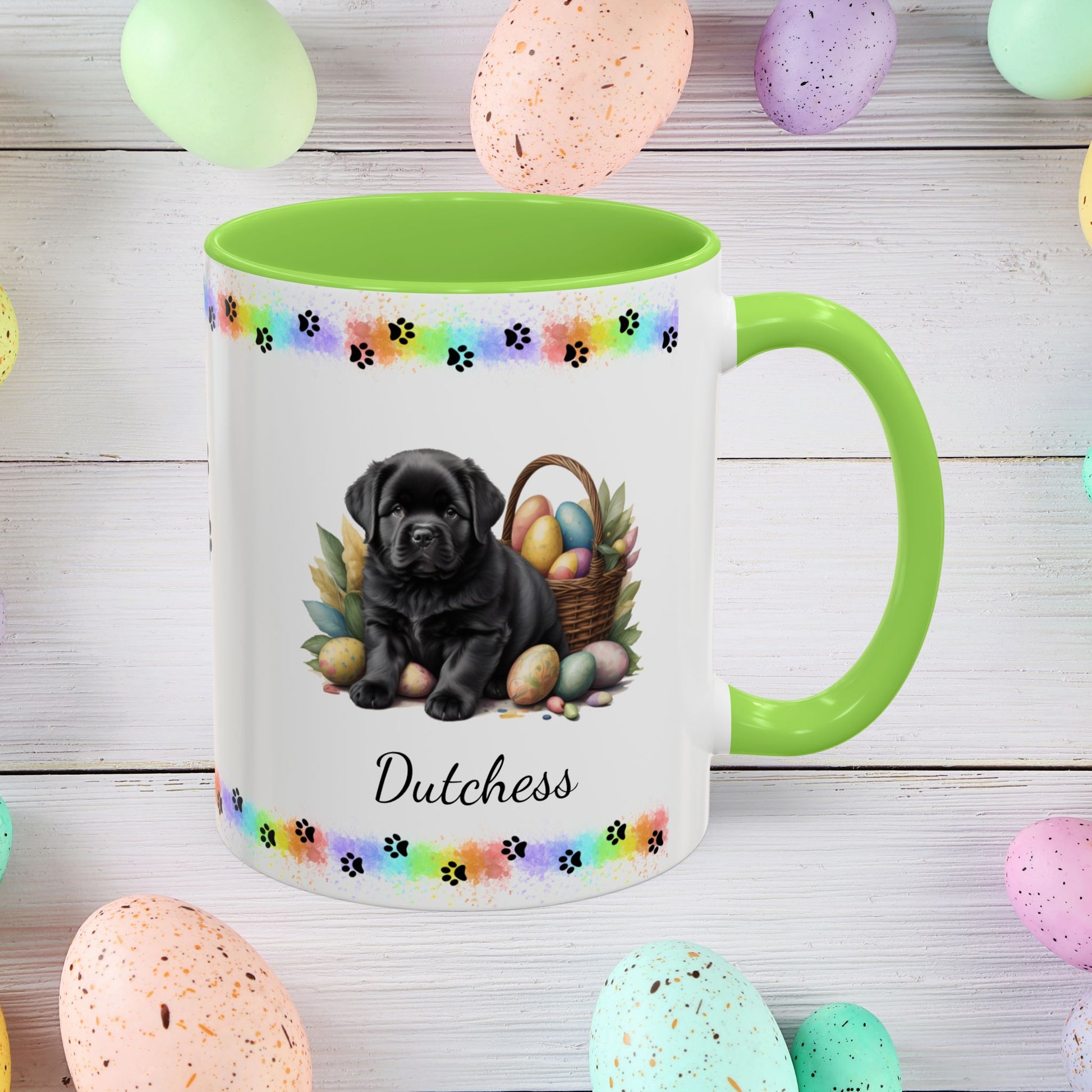 Newfoundland (Black): Personalized Easter Puppy Coffee Mug - Adorable Dog Design, Mental Health Gift, 11oz & 15oz, 12 Color Choices, Easter Gifts & Décor