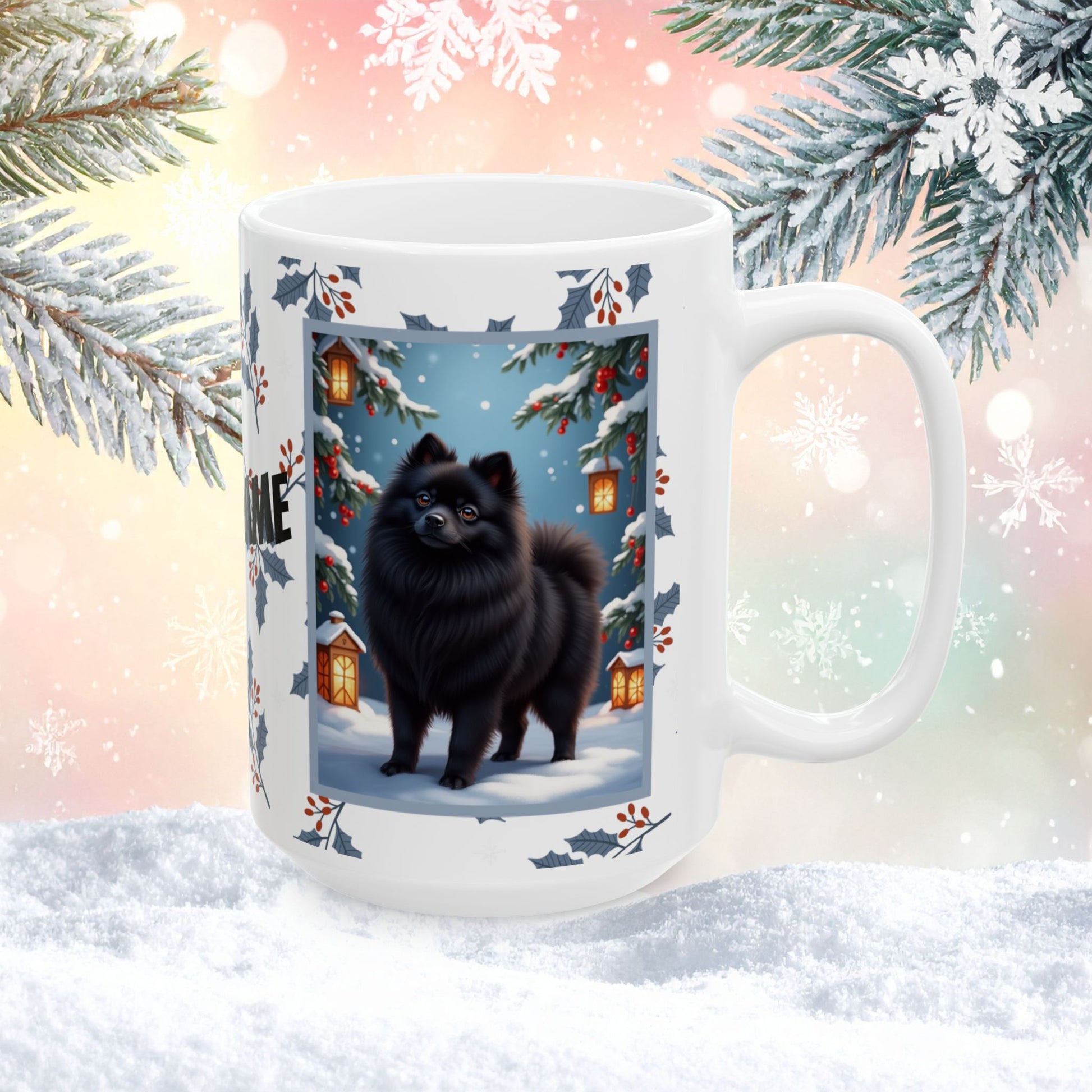 Pomeranian (Black) Winter Mug - black pomeranian artwork standing in a cozy winter setting with pine accents