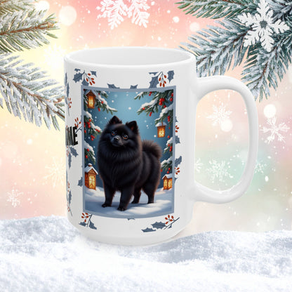 Pomeranian (Black) Winter Mug - black pomeranian artwork standing in a cozy winter setting with pine accents