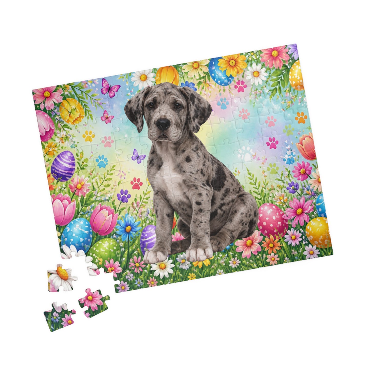 Great Dane (Merle) Easter Puppy Puzzle - Spring Garden with Eggs, Tulips, and Daisies