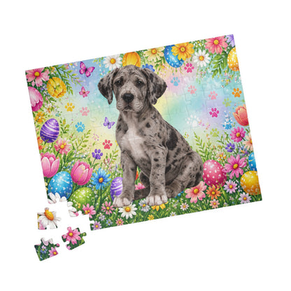 Great Dane (Merle) Easter Puppy Puzzle - Spring Garden with Eggs, Tulips, and Daisies