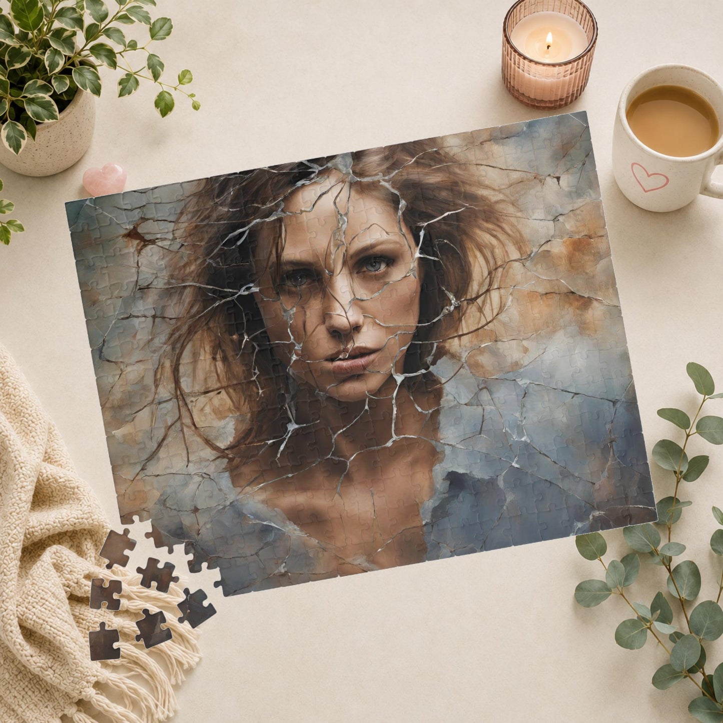 Break Free - Woman's Portrait Puzzle with Cracked Texture in Muted Blue and Brown Tones