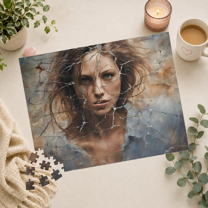 Break Free - Woman's Portrait Puzzle with Cracked Texture in Muted Blue and Brown Tones
