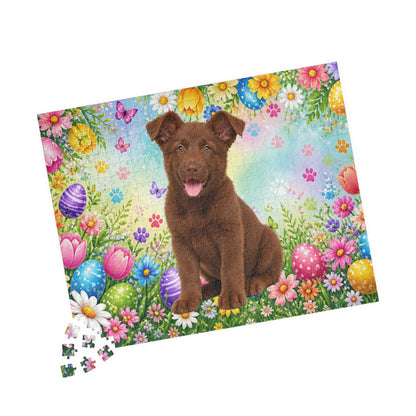 German Shepherd (Solid Liver) Easter Puppy Puzzle - Spring Garden with Eggs, Tulips, and Daisies