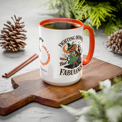 Fighting Demons But Still Fabulous - Personalized Halloween Mug for Mental Health Warriors