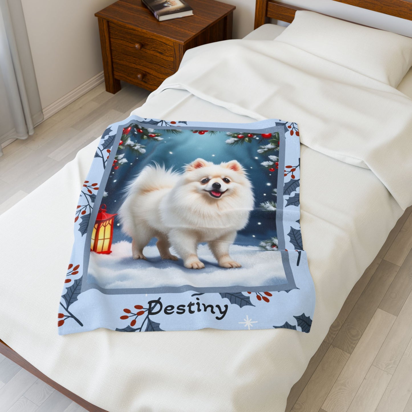 Pomeranian White custom winter blanket showing a snowy white Pom in a crisp illustrated lodge background