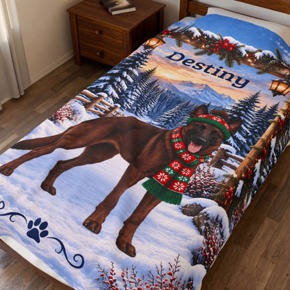 Belgian Malinois (Mahogany Coat) - Personalized Dog Name Throw, Velveteen Winter Gift for Mali Dads