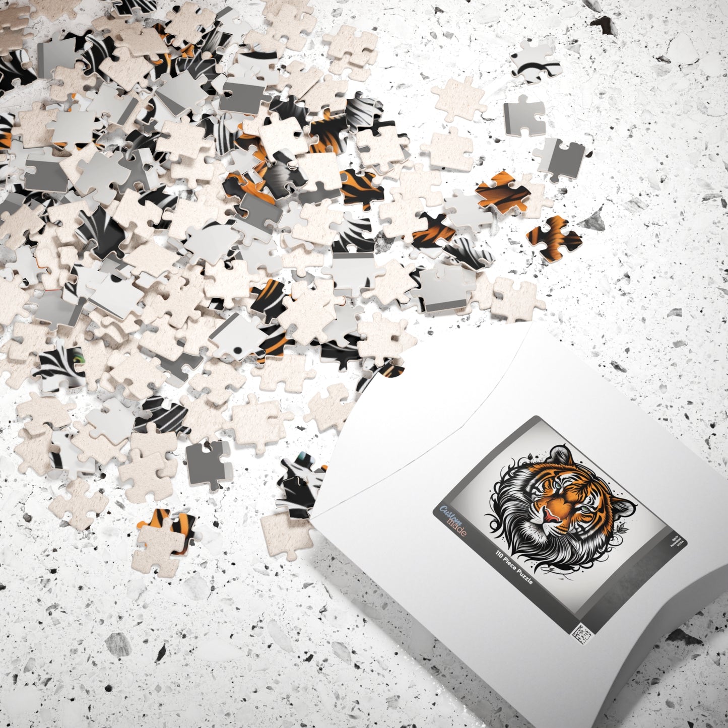 Tiger Spirit - Tattoo-Style Tiger Puzzle with Ornamental Flourishes on White