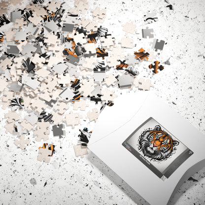 Tiger Spirit - Tattoo-Style Tiger Puzzle with Ornamental Flourishes on White