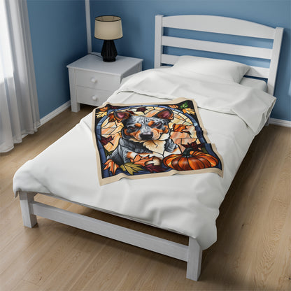 Luxurious Australian Cattle Dog stained glass throw blanket in soft velveteen fabric, thoughtful dog lover gift