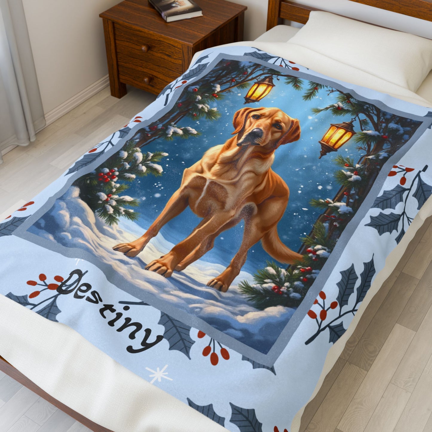 Labrador Retriever Yellow personalized winter throw showing a happy yellow Lab in a bright lodge-style scene