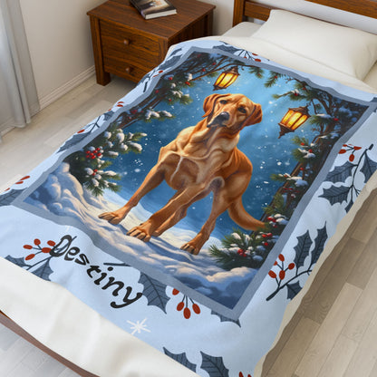 Labrador Retriever Yellow personalized winter throw showing a happy yellow Lab in a bright lodge-style scene