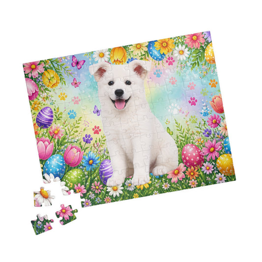 German Shepherd (White) Easter Puppy Puzzle - Tulips, Painted Eggs, and Spring Blooms