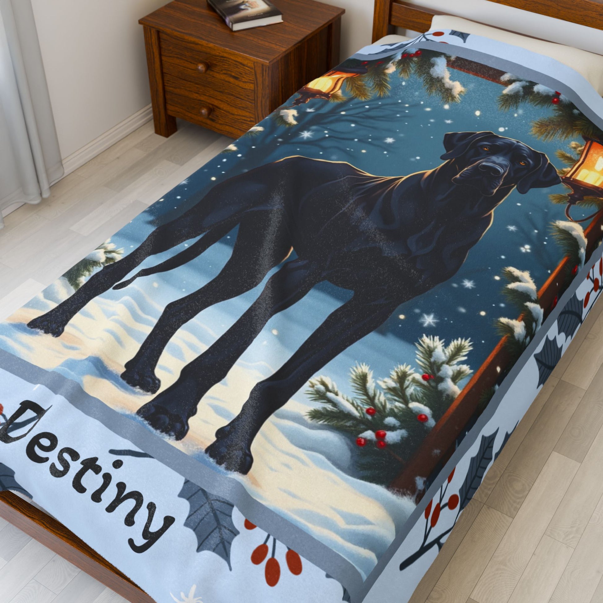 Great Dane Black custom winter blanket featuring a majestic Great Dane in a cozy lodge-style snowy illustration