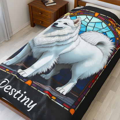 American Eskimo velveteen blanket, custom stained glass dog throw, personalized pet lover gift - MySisterIsASurvivor