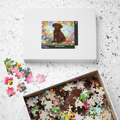 Great Dane (Chocolate) Easter Puppy Puzzle - Spring Garden with Eggs, Tulips, and Daisies