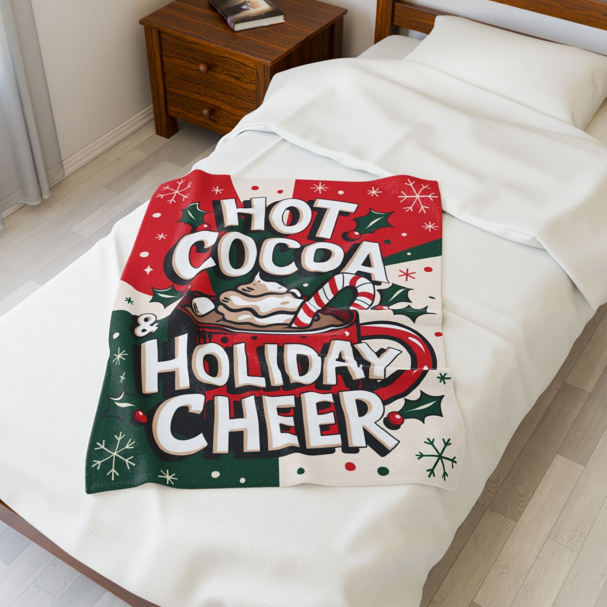 Holiday blanket “Hot Cocoa & Holiday Cheer” soft cozy throw with winter Christmas theme