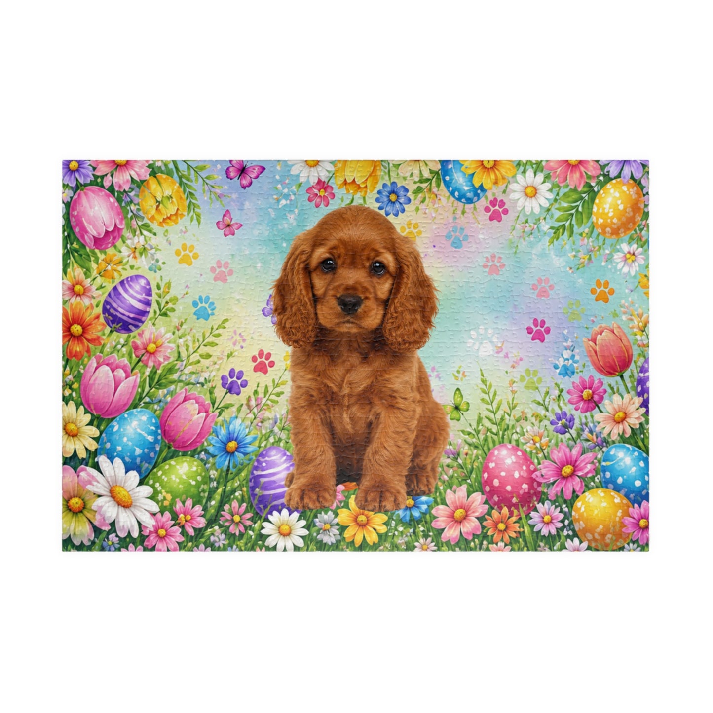 American Cocker Spaniel (Red) Easter Puppy Puzzle - Spring Garden with Eggs, Tulips, and Daisies