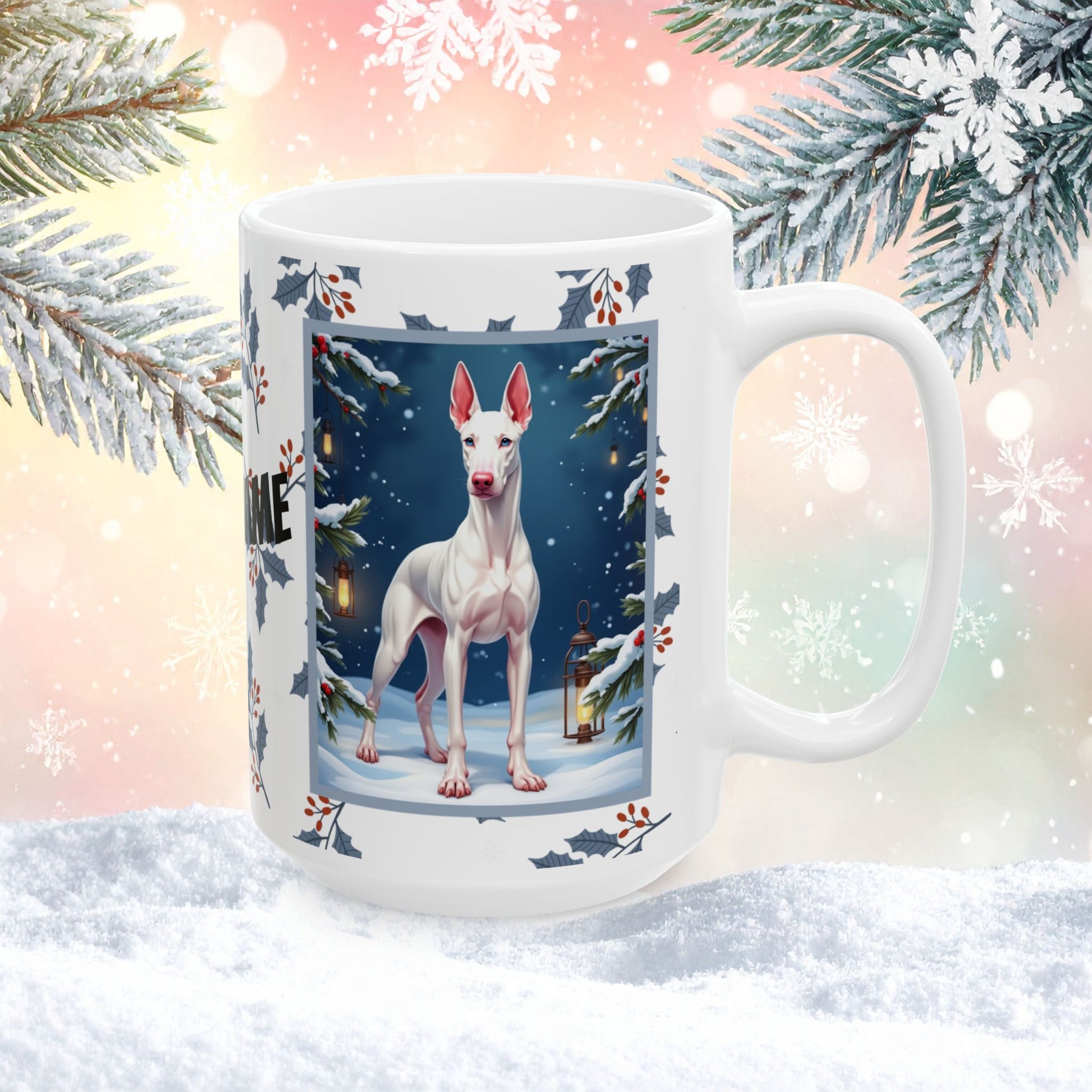 Doberman (White) Winter Mug - white Doberman artwork standing in a snowy winter setting with soft seasonal details