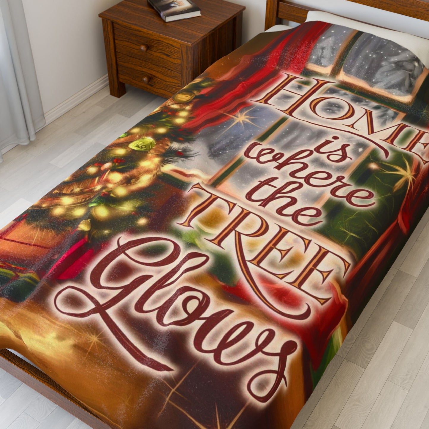 Christmas blanket “Home Is Where the Tree Glows” cozy festive throw with glowing winter design
