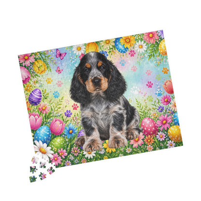 American Cocker Spaniel (Blue Roan) Easter Puppy Puzzle - Spring Garden with Eggs, Tulips, and Daisies