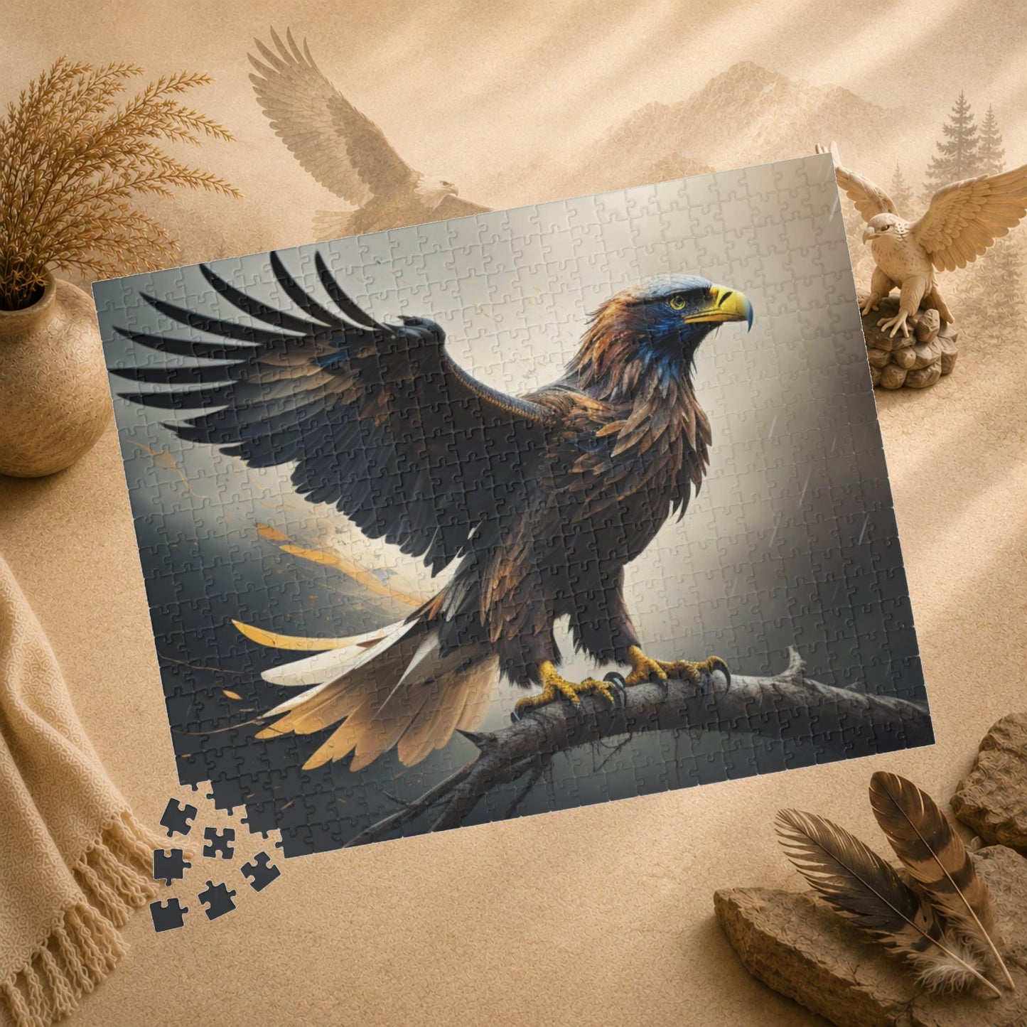 Sky Majesty Triumph - Cinematic Eagle Puzzle with One Wing Raised on Atmospheric Grey Background