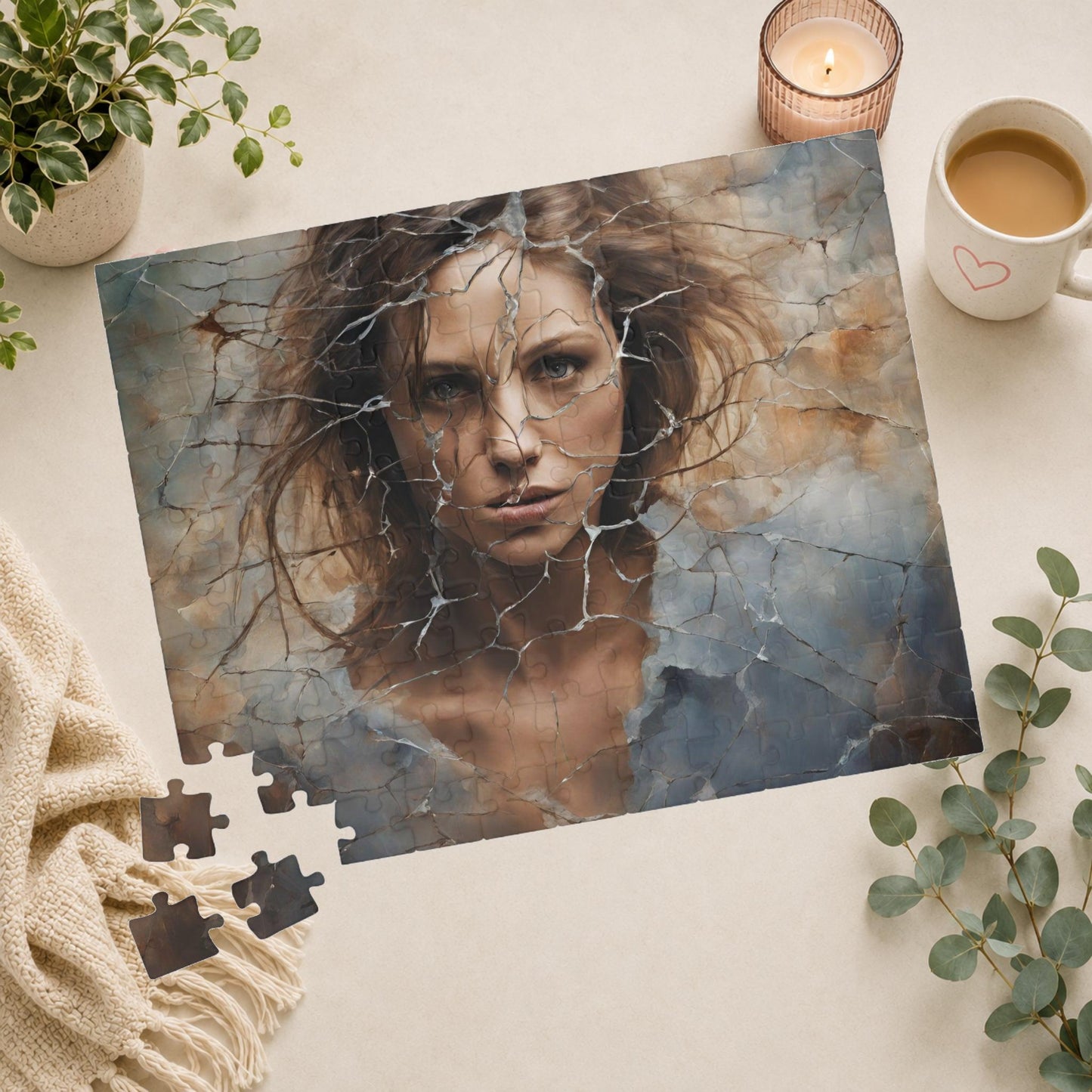 Break Free - Woman's Portrait Puzzle with Cracked Texture in Muted Blue and Brown Tones