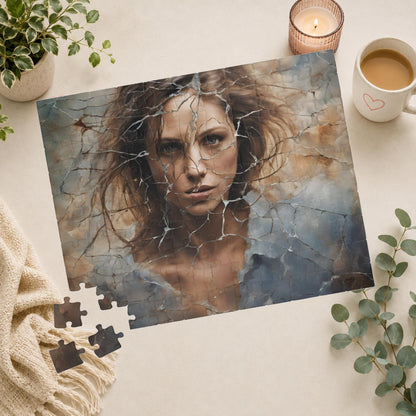 Break Free - Woman's Portrait Puzzle with Cracked Texture in Muted Blue and Brown Tones