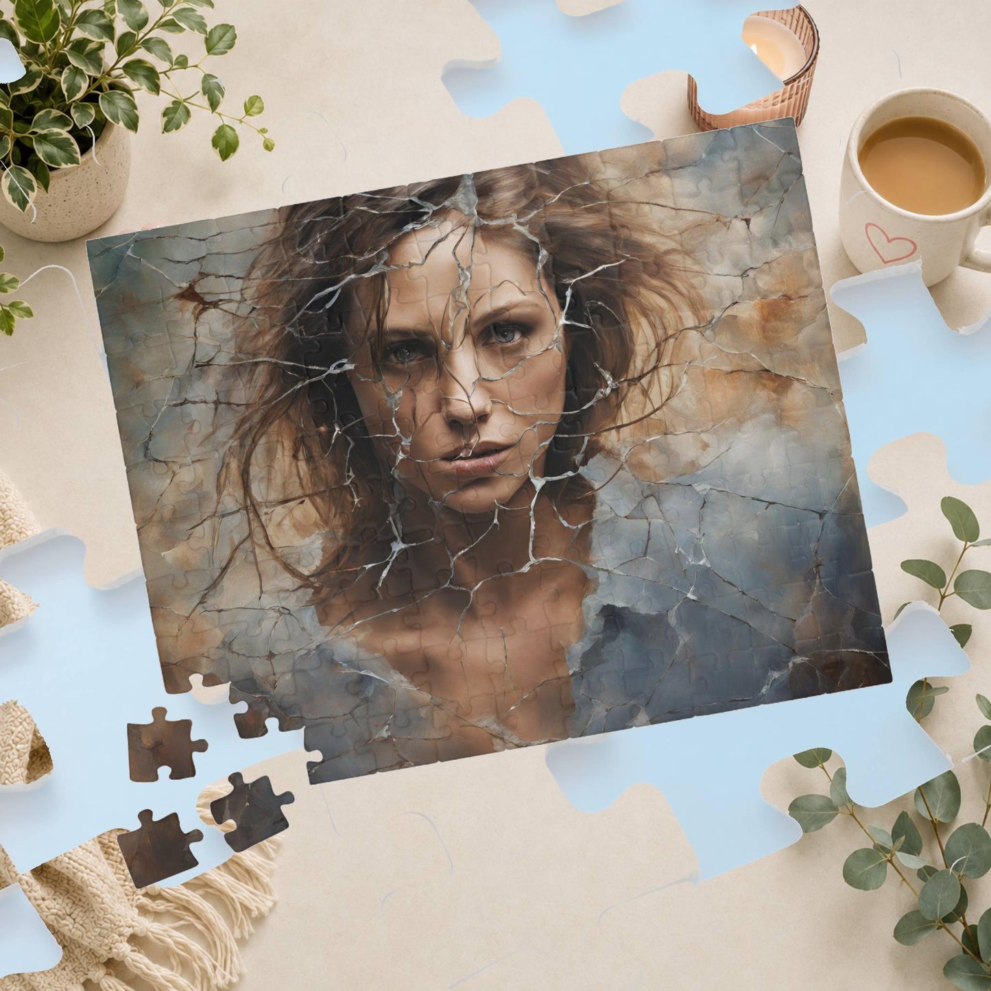 Break Free - Woman's Portrait Puzzle with Cracked Texture in Muted Blue and Brown Tones