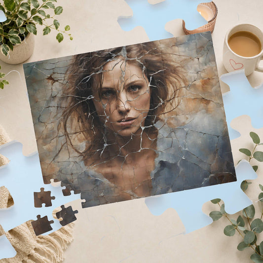 Break Free - Woman's Portrait Puzzle with Cracked Texture in Muted Blue and Brown Tones