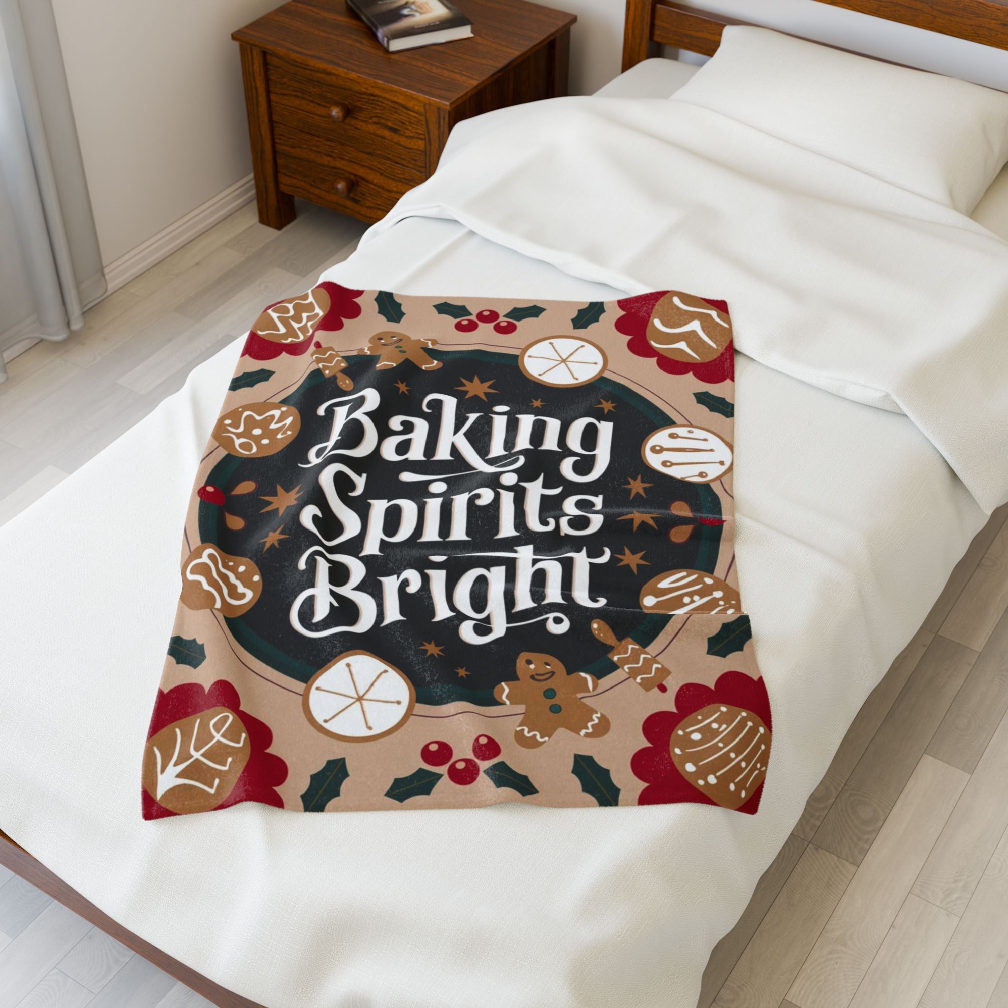 Holiday blanket “Baking Spirits Bright” with festive Christmas design, cozy winter throw for warmth and joy
