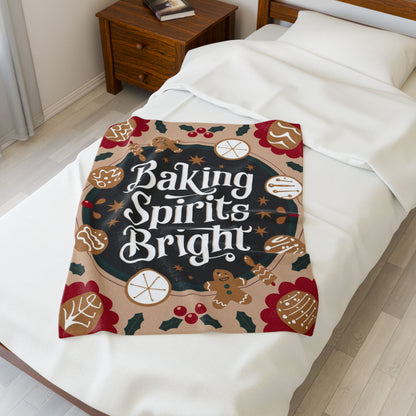Holiday blanket “Baking Spirits Bright” with festive Christmas design, cozy winter throw for warmth and joy
