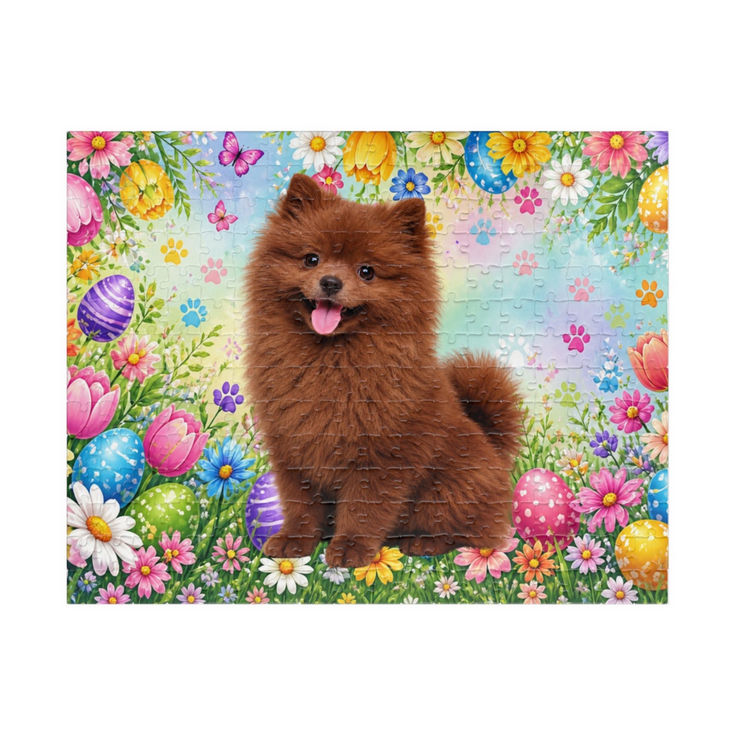 Pomeranian (Chocolate) Easter Puppy Puzzle - Spring Garden with Eggs, Tulips, and Daisies