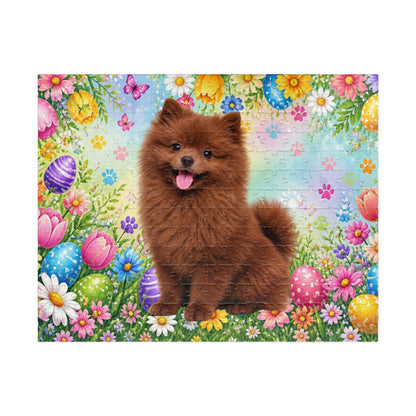 Pomeranian (Chocolate) Easter Puppy Puzzle - Spring Garden with Eggs, Tulips, and Daisies