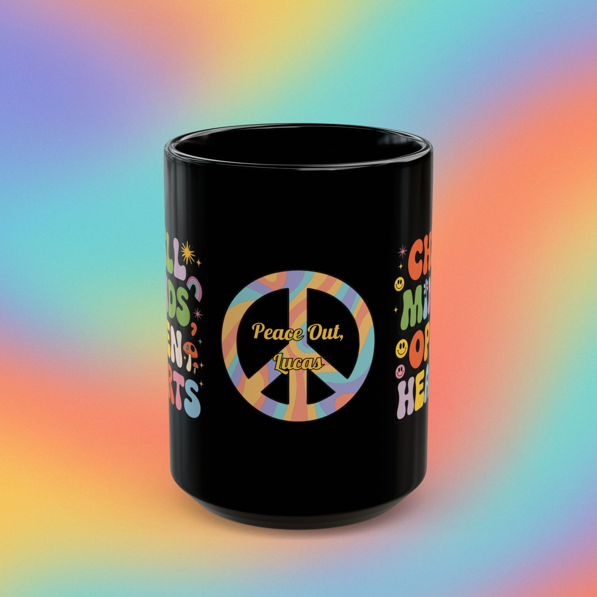 Chill Minds Open Hearts custom mug, retro 70s mental health coffee cup gift - MySisterIsASurvivor