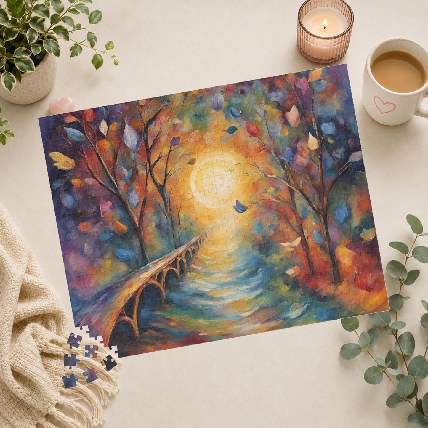 Bridge to Healing - Watercolor Landscape Puzzle with Glowing Path, Stone Bridge, and Colorful Floating Leaves