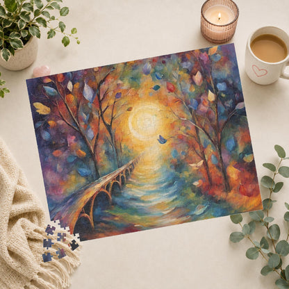 Bridge to Healing - Watercolor Landscape Puzzle with Glowing Path, Stone Bridge, and Colorful Floating Leaves