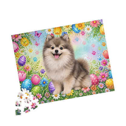 Pomeranian (Wolf Sable) Easter Puppy Puzzle - Spring Garden with Eggs, Tulips, and Butterflies