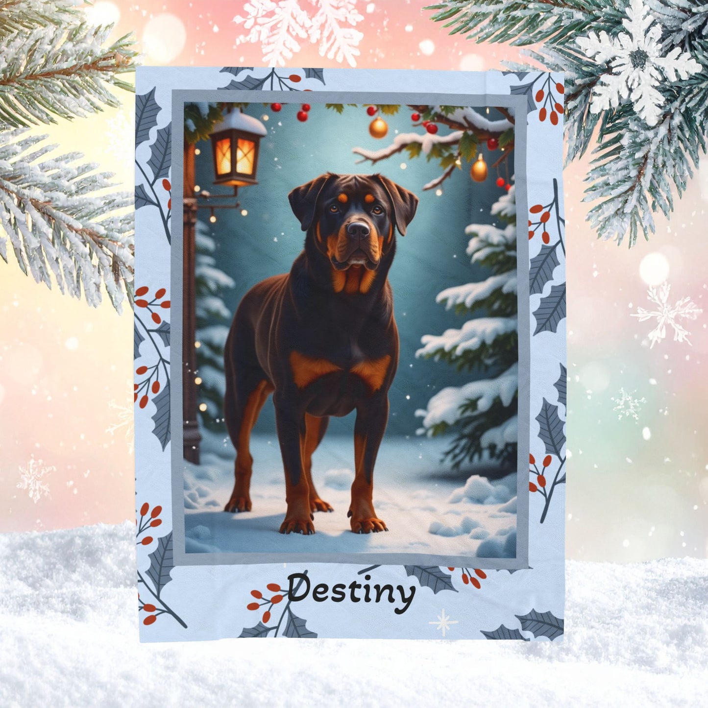 Rottweiler Chocolate personalized winter throw with a rich chocolate Rottweiler illustrated in a bright lodge setting