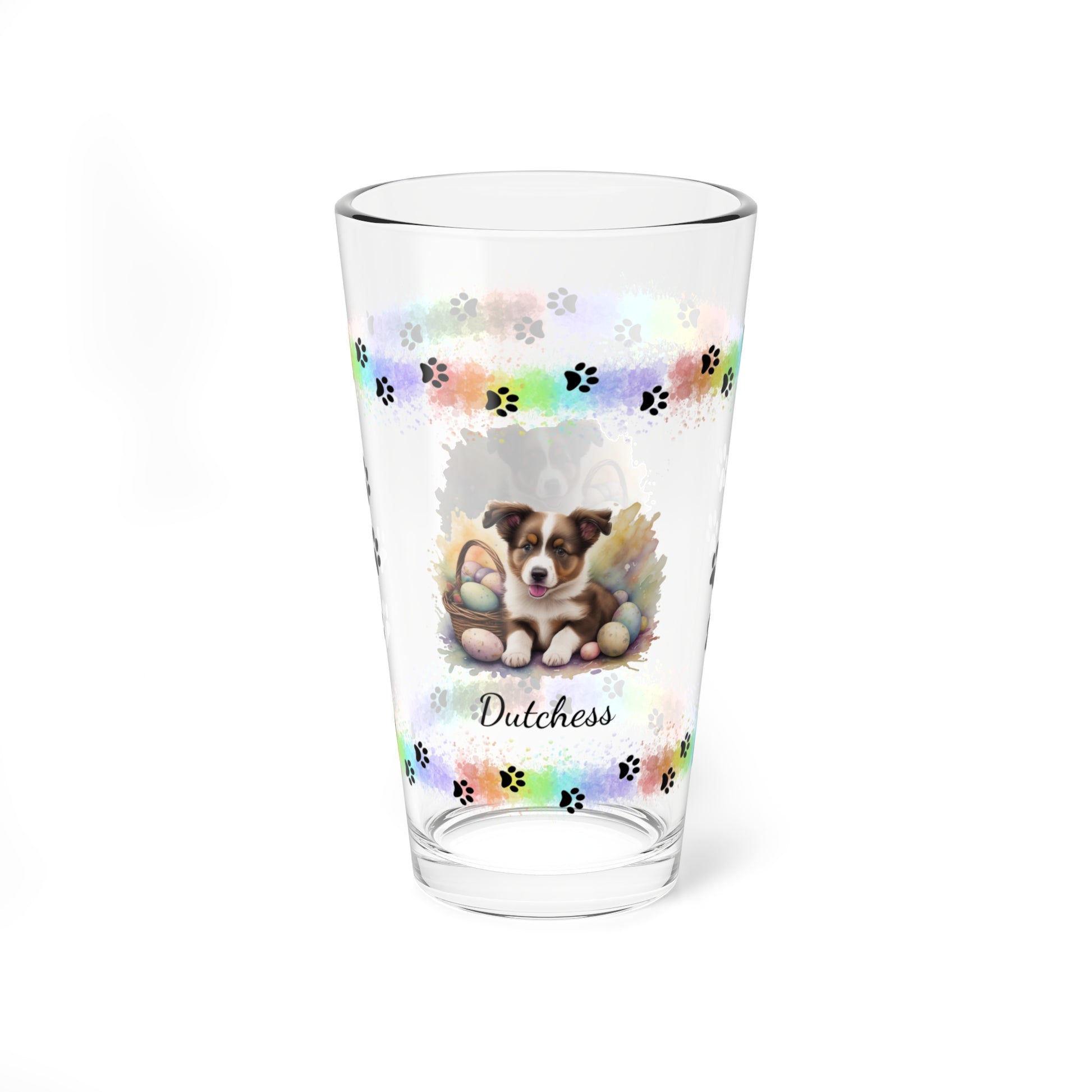 Border Collie (Brown & White) Personalized Easter Puppy 16oz Pint Glass - Custom Dog Design, Mental Health Gift, Easter Décor, and Festive Celebrations