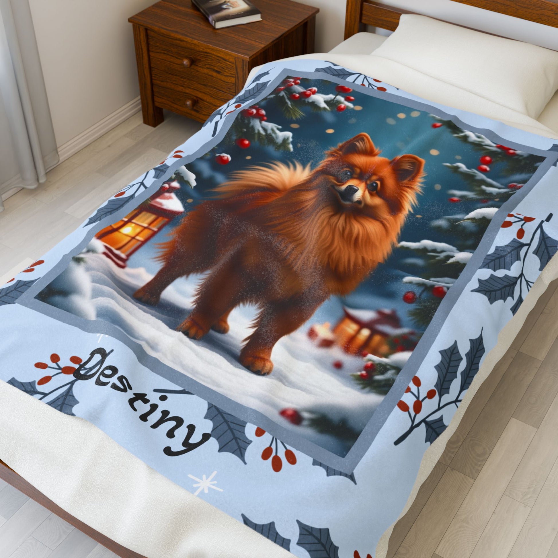 Pomeranian Red custom winter blanket with a vibrant red Pom in a bright illustrated lodge-style setting