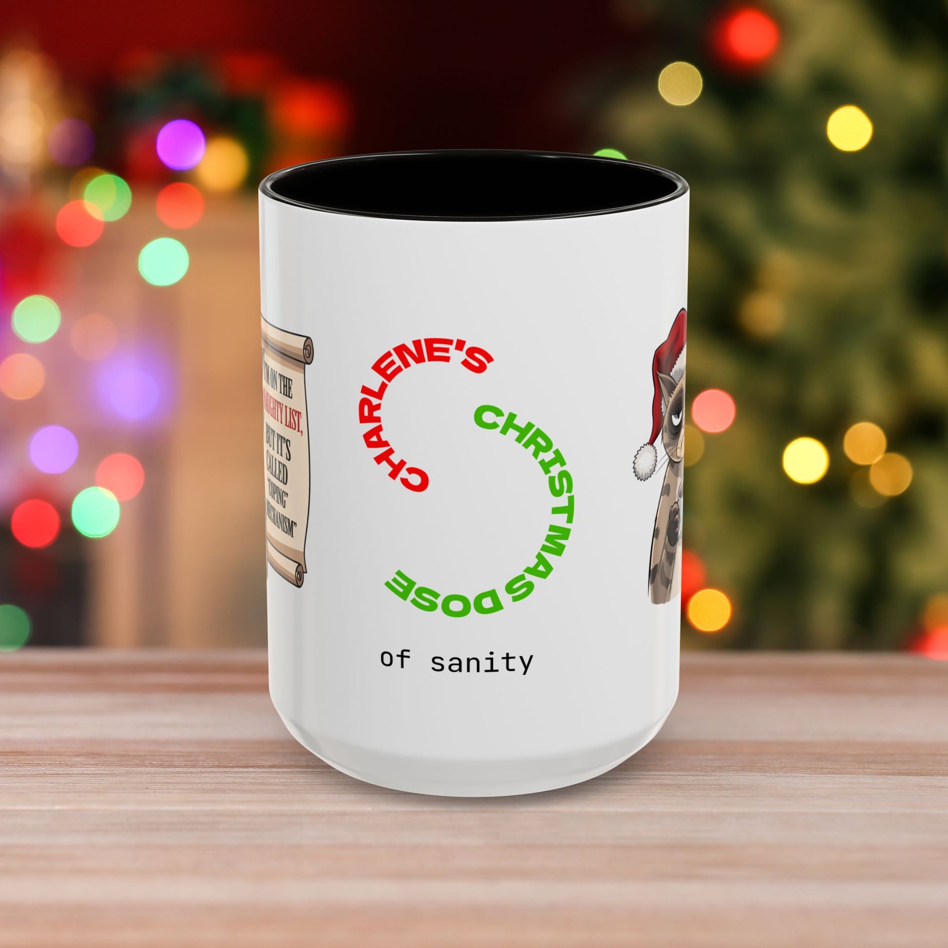 I'm On The Naughty List, But It's Called 'Coping Mechanism' - Christmas Mug with Cat Design and Accent Color