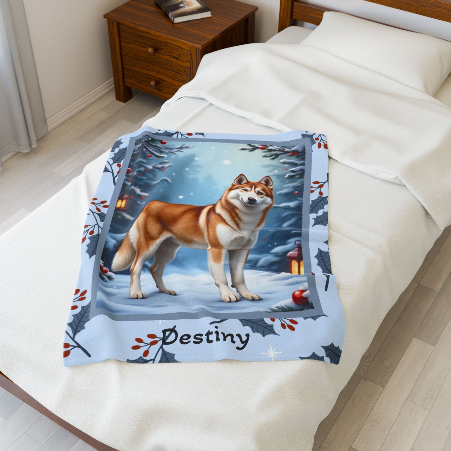 Husky Sable and White custom winter blanket featuring a Husky in a crisp illustrated lodge-style winter scene